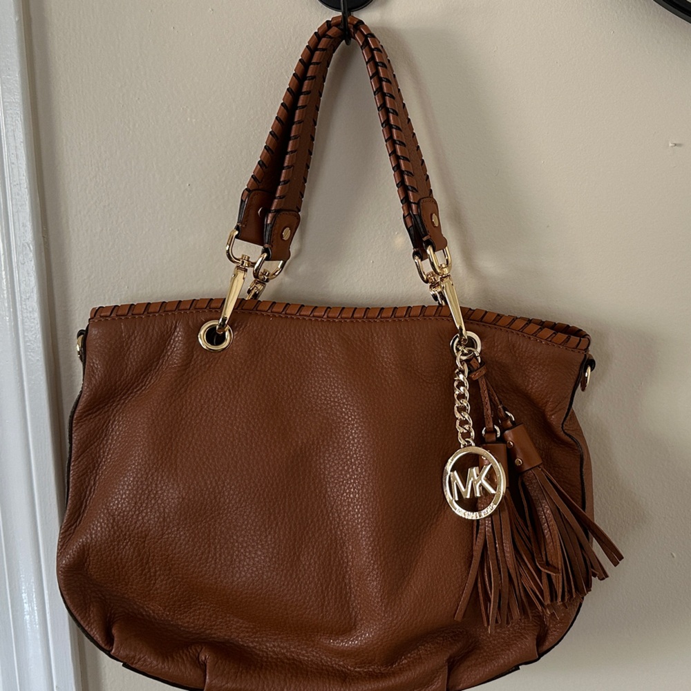 Michael Kors Cognac Leather Shoulder Bag with Tassel and MK Logo Charm